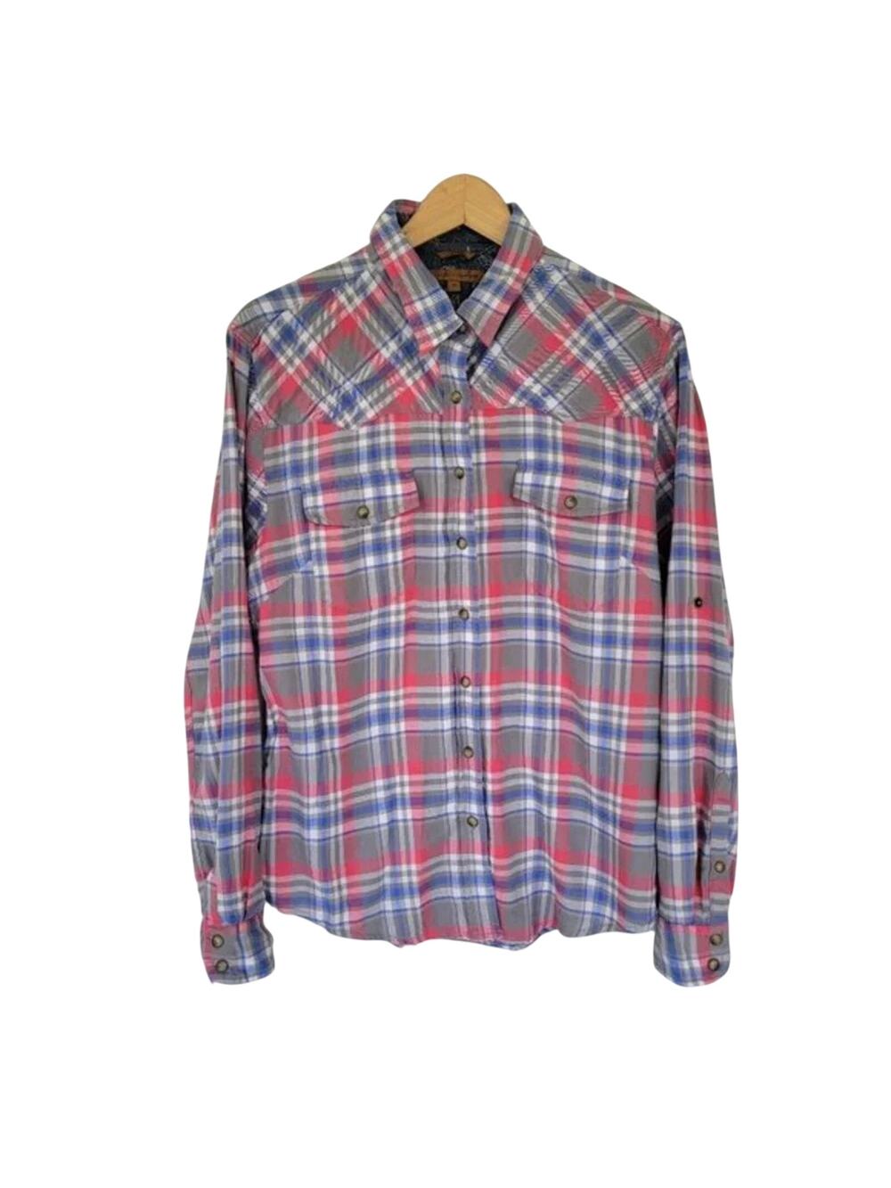Jachs Girlfriend Bea Flannel Shirt Womens Size M Plaid Pink Blue Cotton Button